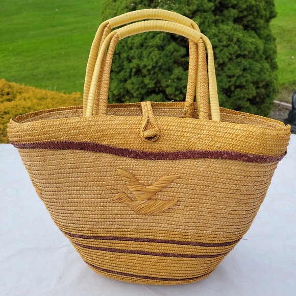 Bags | Vintage Tan Straw Woven Basket Beach Bag Tote Carryall Leather ...